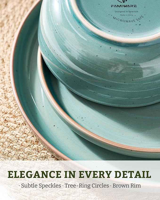 Famiware Meteor Plates and Bowls Sets for 4, 12 Pieces Dinnerware Sets, Microwave and Dishwasher Safe Dishes Set, Peacock Green