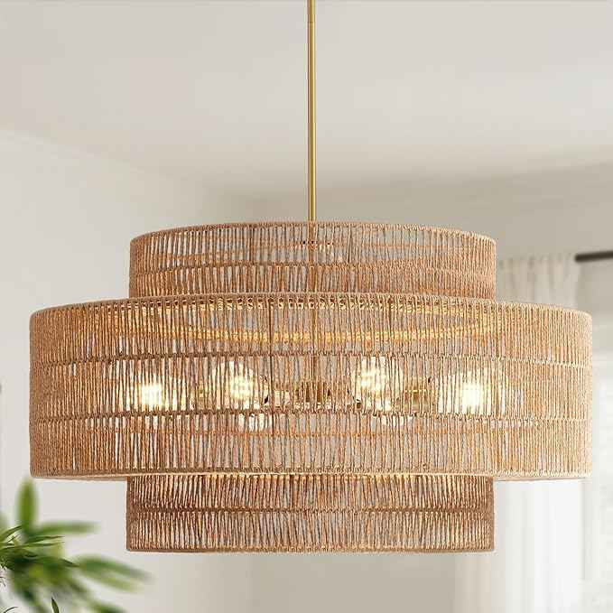 30” Boho Rattan Chandelier Light Fixture, 8-Light Large Hand Woven Pendant Light Fixture Farmhouse Rustic Chandeliers for Dining Room, Kitchen, Bedroom, Living Room, Hallway, Foyer