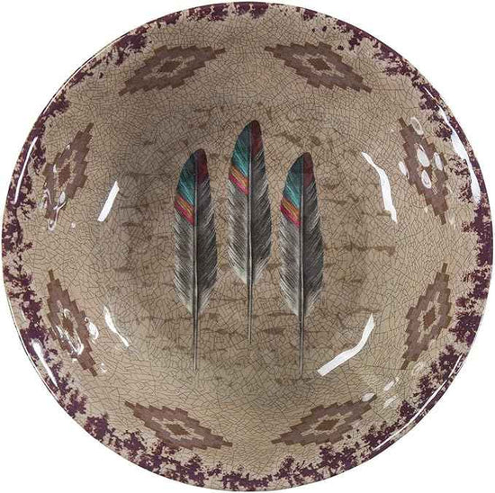 Paseo Road Tossed Feather 14 Piece Melamine Plastic Western Dinnerware Set, Orange Tan Brown Teal Aztec Tribal Print, Southwestern Rustic Dish Set with Plates, Bowls, Serving Dish