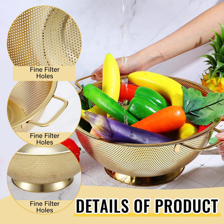 5 Quart Gold Colander and 3 Metal Fine Mesh Strainer Set