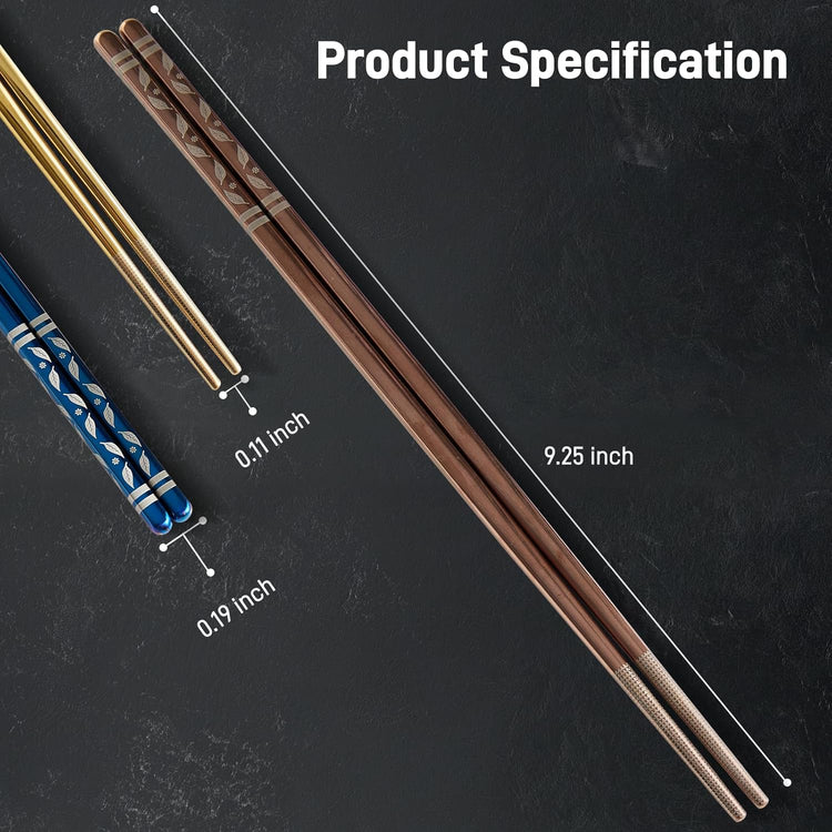 Metal Chopsticks Reusable 5 Pairs Stainless Steel Chopsticks Japanese Chinese Korean Metal Chop Sticks Dishwasher Safe Non Slip Cute Laser Engraved 9.25 Inch for Cooking Eating Gift Set