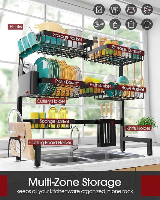 Over The Sink Dish Drying Rack - Adjustable 3 Tier XX-Large Capacity Stainless Steel Drainer with Cutlery & Utensil Holders, Kitchen Storage & Organization, 31.5"-39.5"L x 12"W x 30.5"H, Black