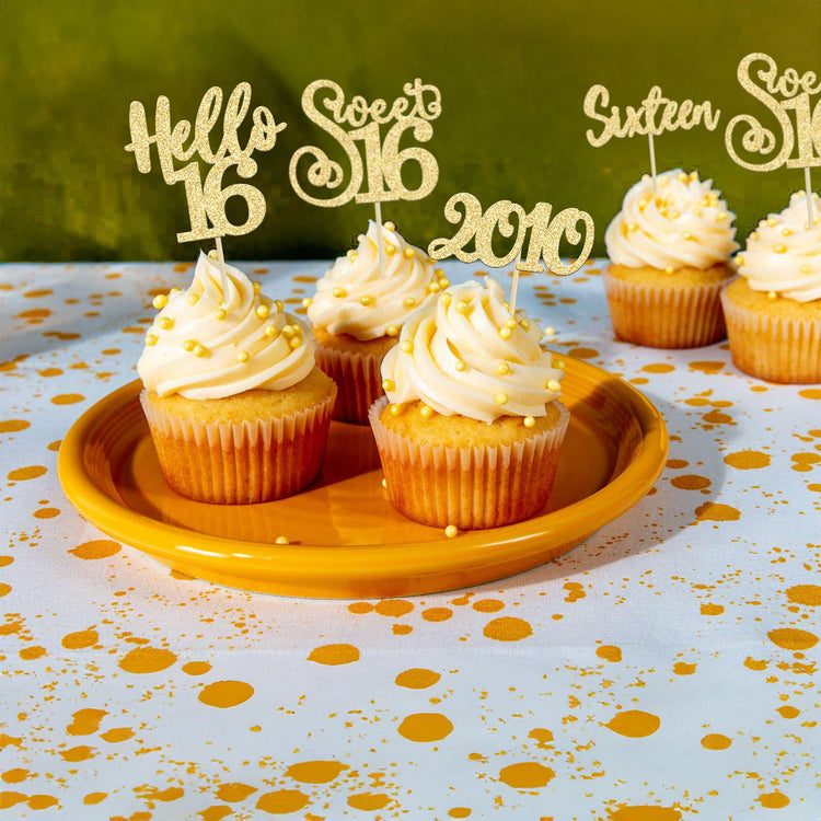 24Pcs 16th Birthday Cupcake Toppers Gold Glitter Hello 16 Sweet 16 Cupcake Picks 2010 16th Birthday Cake Decorations for Anniversary Party Supplies (24 Count)