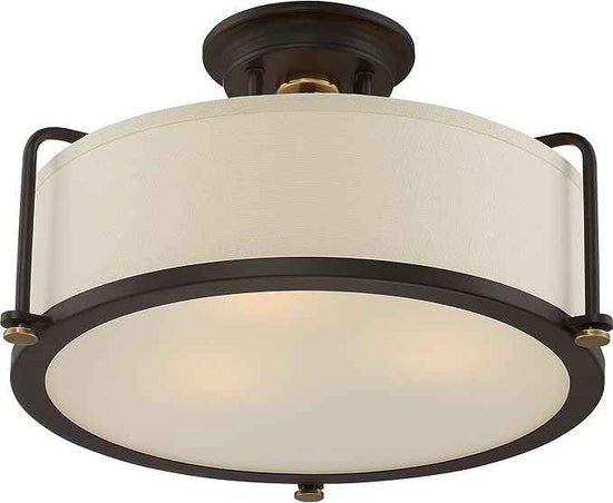 Quoizel Rigel Semi-Flush Mount Ceiling Light Fixture, 18 Inch 3-Light 100W Western Bronze Hanging Light with Beige Fabric & Frosted Glass Shade for Hallway, Kitchen, Bedroom, Living Room or Office