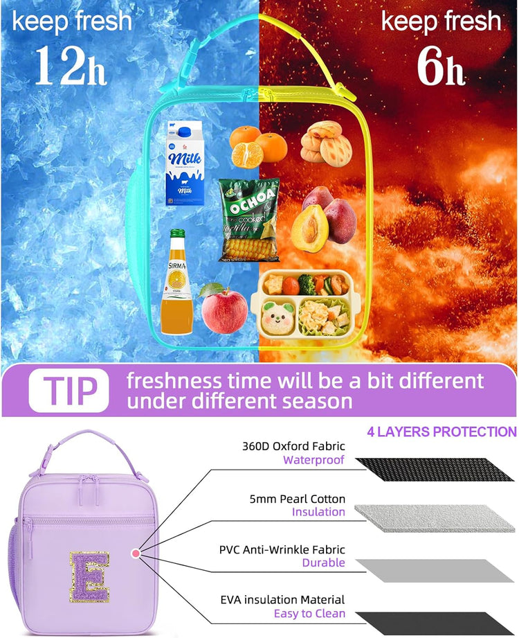 Initial Insulated Lunch Bag for Girls Kids, Back to School Gift, Reusable Leak-proof Lunch Box with Adjustable Strap for School Daycare Travel Picnic (Purple,E)