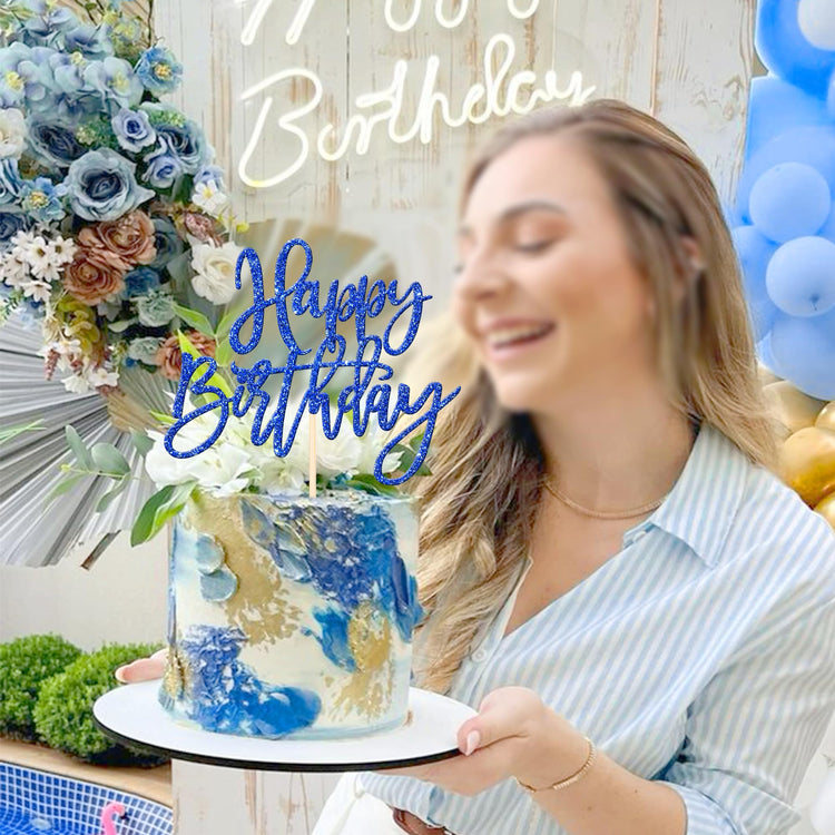 1 PCS Glitter Happy Birthday Cake Topper for Celebrating Anniversary Theme Party Cake Decorations Supplies Dark Blue