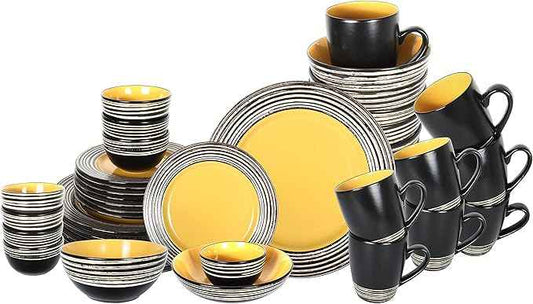 48 Piece Dinnerware Set, Ceramic Plates and Bowls Sets for 8, Microwave and Dishwasher Safe, Handcrafted Tree Bark Series Dish Set, Sunflower/Yellow