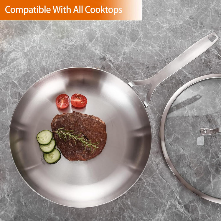 Tri Ply Stainless Steel Frying Pan Set 8" 10" 12" With Lid skillets (3 Count)