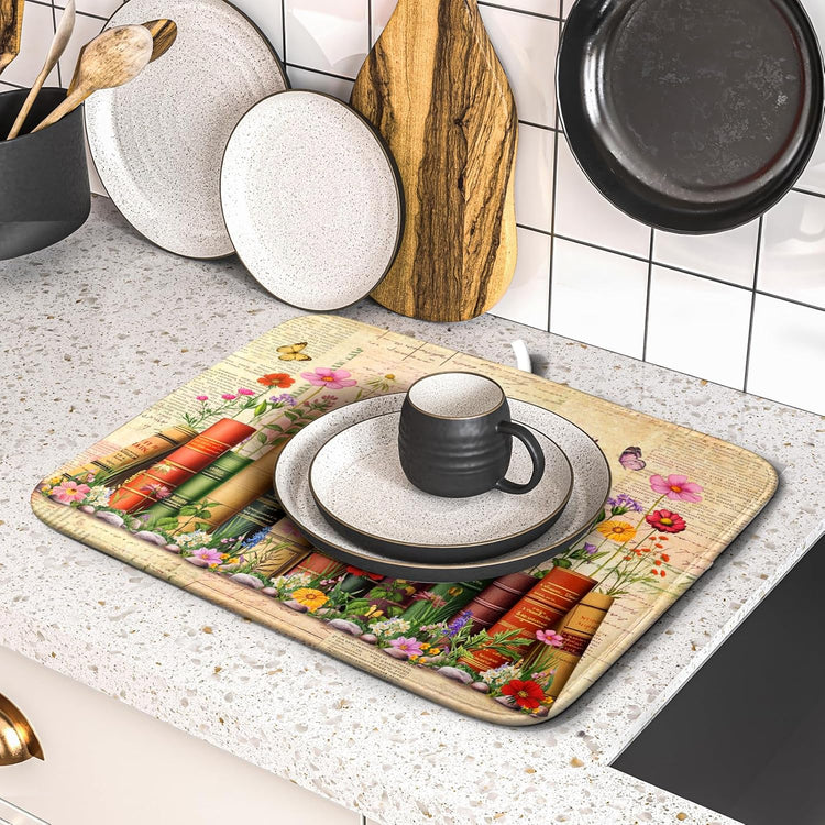 Colorful Books Kitchen Drying Mat - Watercolor Floral Drying Matt Kitchen Counter 16 X 18 In