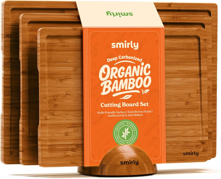 SMIRLY Wood Cutting Boards for Kitchen Wooden Chopping Board Set Reversible with Deep Juice Grooves Grip Handles, Large Charcuterie Tray, New Apartment Essentials, Carbonized Bamboo, 3Pcs with Holder