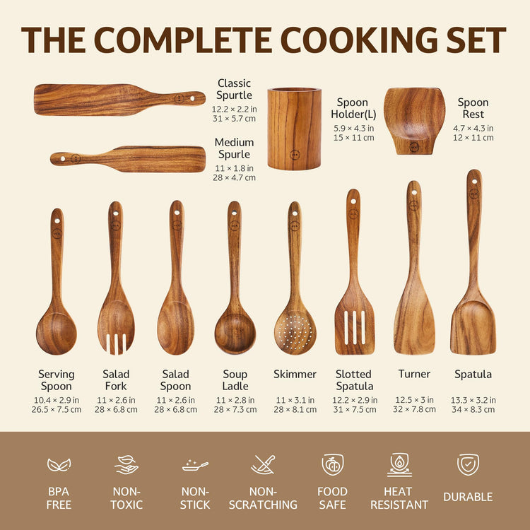 12 Piece Teak Wood Cooking Utensil Set With Holder (12 Count)