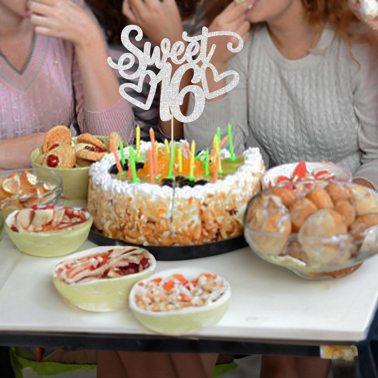 1Pc Sweet Teenager 16 Cake Topper Glitter 16th Birthday Cake Pick for Cheers to 16 Years Old 16th Birthday Party Cake Decorations Supplies Sliver