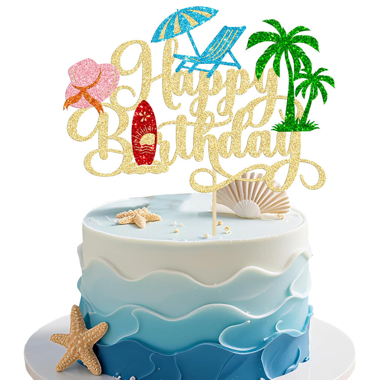 1Pcs Summer Beach Happy Birthday Cake Topper Glitter Ball Tree Umbrella Pool Cake Pick for Hawaiian Holiday Baby Shower Birthday Party Cake Decorations Supplies Gold