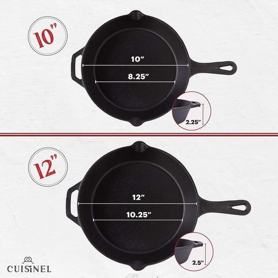 Cuisinel Cast Iron Skillets Set - 10" + 12"-Inch Pre-Seasoned Frying Pans + Removable Silicone Handle Holder Grips + Pan Scraper - Oven-Safe Cookware Kit + Accessories + Handle Helper - Nestoria
