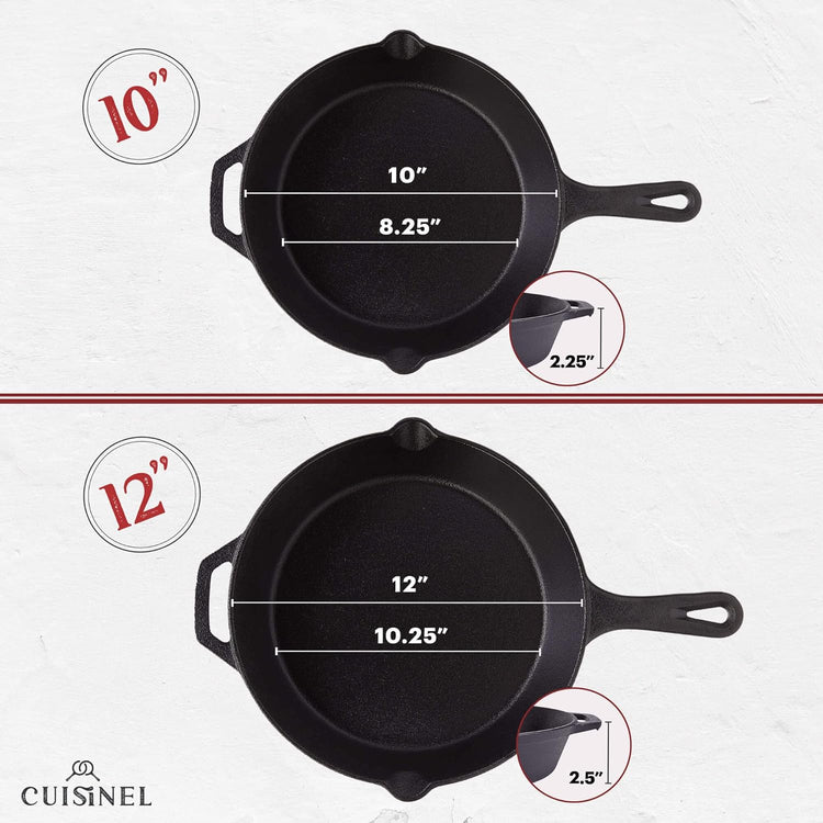 Cuisinel Cast Iron Skillets Set - 10" + 12"-Inch Pre-Seasoned Frying Pans + Removable Silicone Handle Holder Grips + Pan Scraper - Oven-Safe Cookware Kit + Accessories + Handle Helper - Nestoria