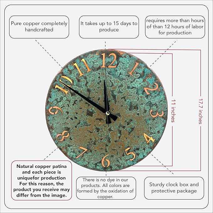 Handmade Pure Copper Wall Clock for Home Decoration, Decor Clock for Living Room, Bedroom and Kitchen, Rustic Decorative Mural Clock Art for Farmhouse (Numbers of Patina, 11)