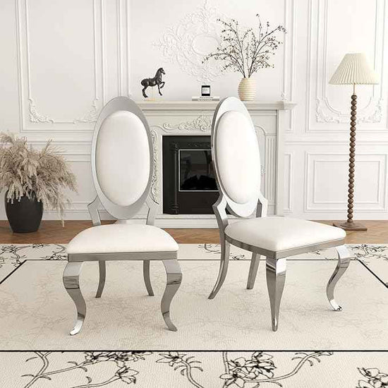 Modern Dining Chairs Set of 2, Luxury Faux Leather Upholstered Armless Dining Room Chair with Mirrored Stainless Steel Silver Legs, Mid Century Accent for Wedding Party Banquet Reception, White