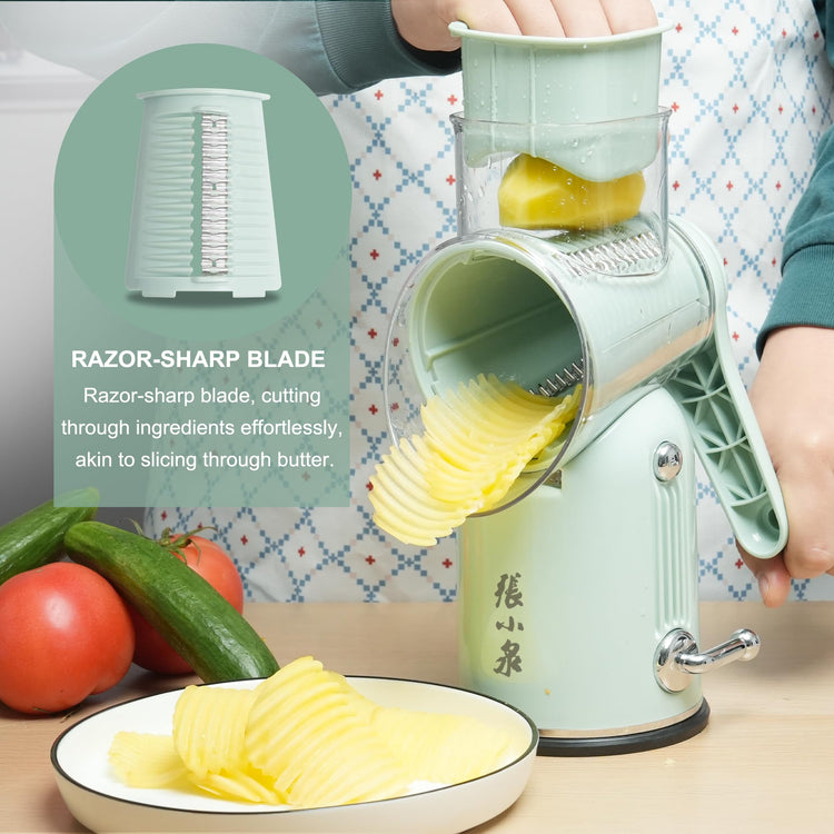 Rotary Cheese Grater Manual Hand Crank with 5 Blades & Suction Base