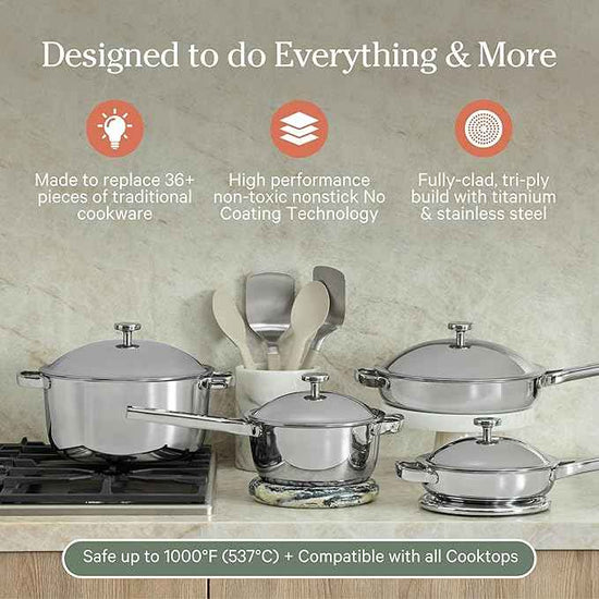 Our Place Titanium Pro Cookware Set | 10-Piece Pots and Pans Set with Always Pan Pro, Perfect Pot Pro & Minis | Non-Toxic No-Coating Nonstick | Induction & Oven-Safe up to 1000°F | Chrome
