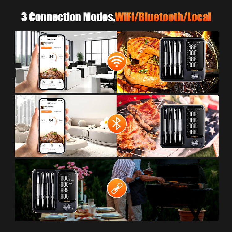 4 Probe WiFi Wireless Meat Thermometer with 360°Readable LCD Standalone Base