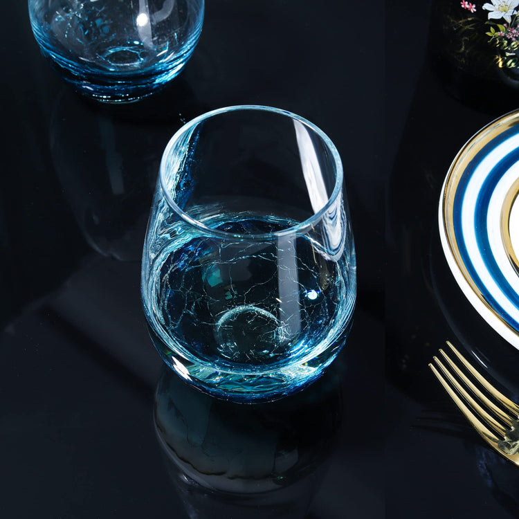 Handmade Blue Stemless Crackle Wine Glasses Cups