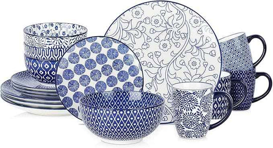Selamica Ceramic Dinnerware Sets for 4, 16 Pieces Dishes Set, Scratch Resistant Plates and Bowls Sets, Microwave and Dishwasher Safe (Vintage Blue) A
