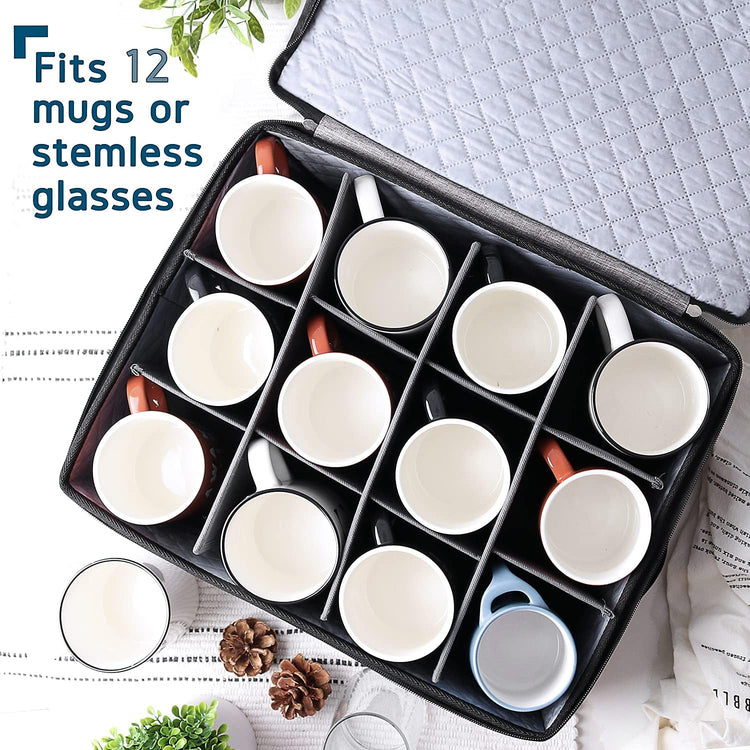 Hearth & Harbor Coffee Mug Storage, Quilted and Stackable Coffee Cup Storage Organizer for Service of 12, Mug Storage Box with Dividers, China Containers Hard Shell for Moving and Organization, Grey