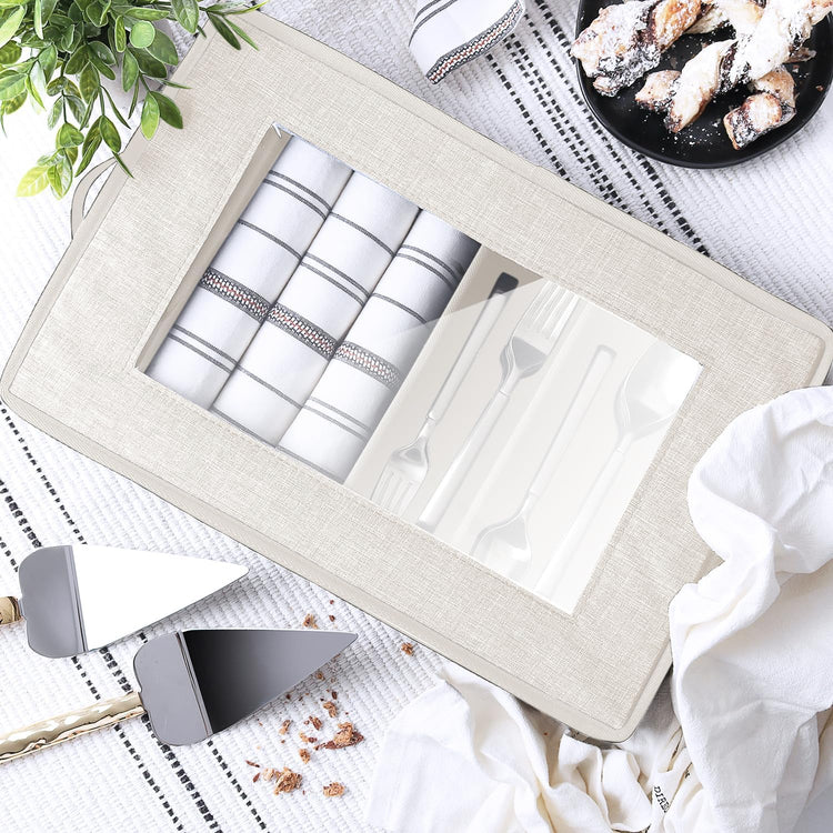 Flatware & Utensil Storage, Durable Silverware Storage Box with Padded Dividers, 5 Compartment Flatware Storage Case, Silverware Case with Handles, Protects and Organizes Cutlery, Cream