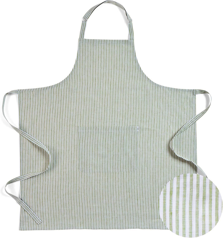 Solino Home 100% Pure Linen Apron for Women & Men - Avocado and White Stripe Full Midi Bib Apron, Adjustable Neck Strap with Center Pockets for Kitchen, Chef - Handcrafted from European Flax