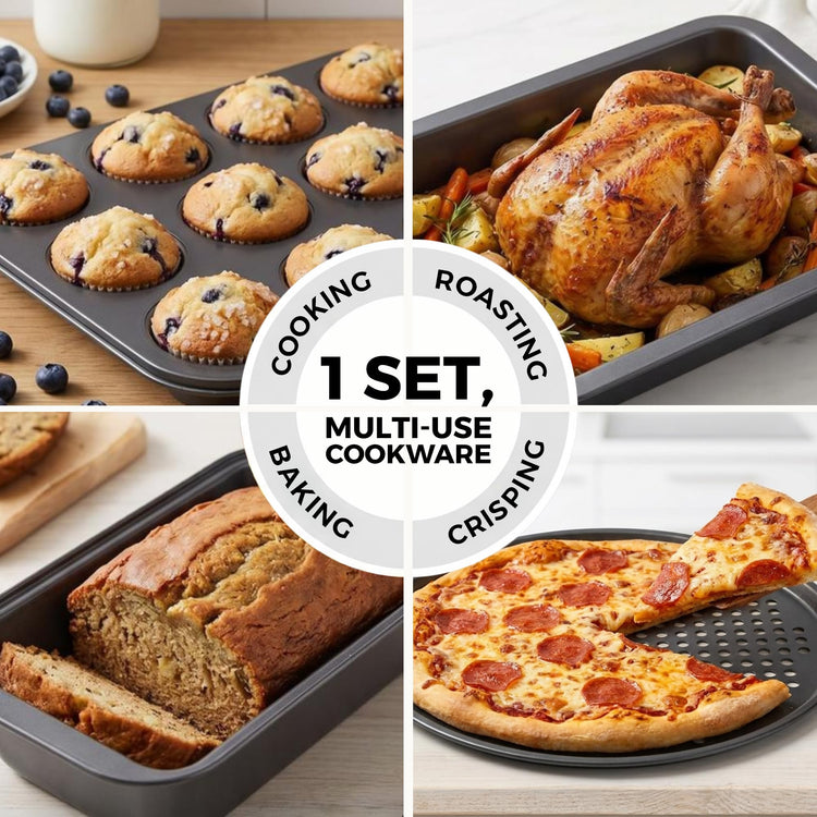 Non-Stick 10-Piece Bakeware Set – Carbon Steel with Even Heat Distribution, Oven Safe to 446°F, BPA-Free, Dishwasher Safe, Stackable Baking Tools for Easy Storage and Everyday Cooking - Gray