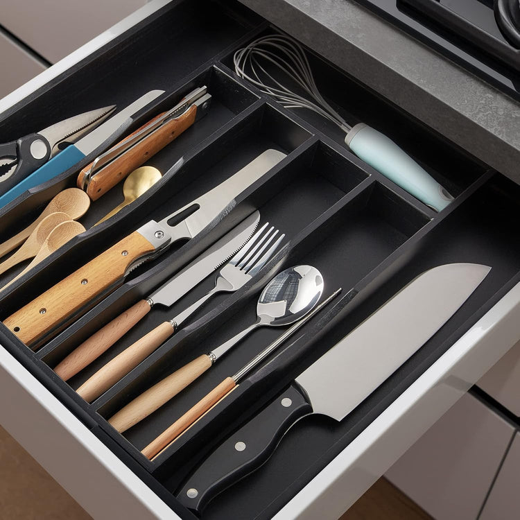 Expandable Bamboo Kitchen Drawer Organizer for Cutlery and Utensils, Adjustable Bamboo Wood Cutlery Tray in Drawer for Flatware and Silverware in Kitchen, (Black)