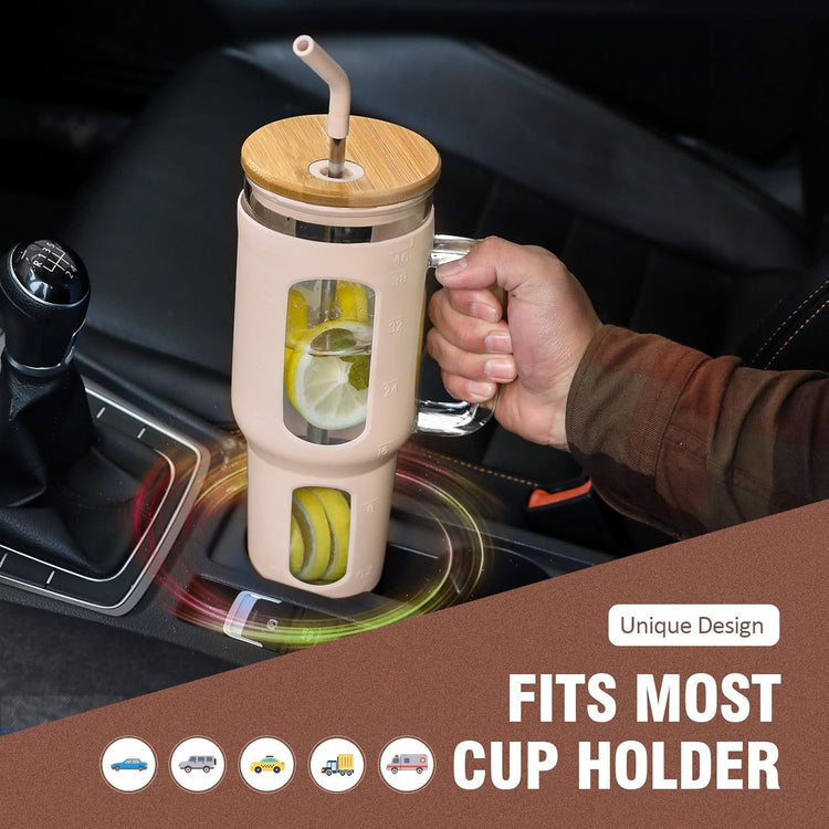 Glass Tumbler with Lid and Straw, 46 oz Iced Coffee Cup with Handle, Glass Water Bottles with Silicone Sleeve, Glass Cup with Straws - Pearl Straw & Drinking Straw BPA Free-Amber