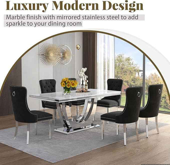 Marble Dining Table Set for 6,70" White Faux Marble Kitchen Tables and Velvet Chairs for 6,7 Piece Luxury Dining Room Table Set and 6 Upholstered Chairs with Silver Stainless Steel Bases