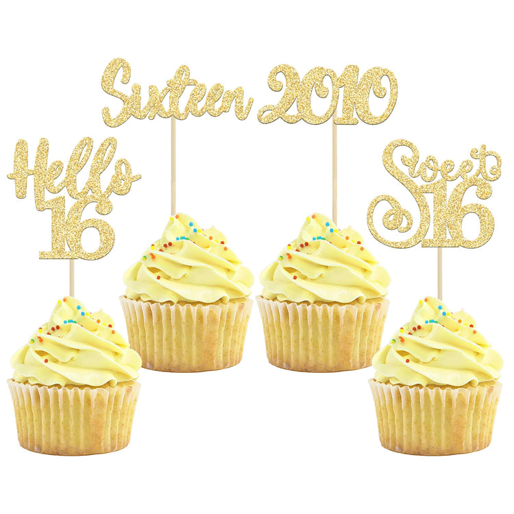 24Pcs 16th Birthday Cupcake Toppers Gold Glitter Hello 16 Sweet 16 Cupcake Picks 2010 16th Birthday Cake Decorations for Anniversary Party Supplies (24 Count)