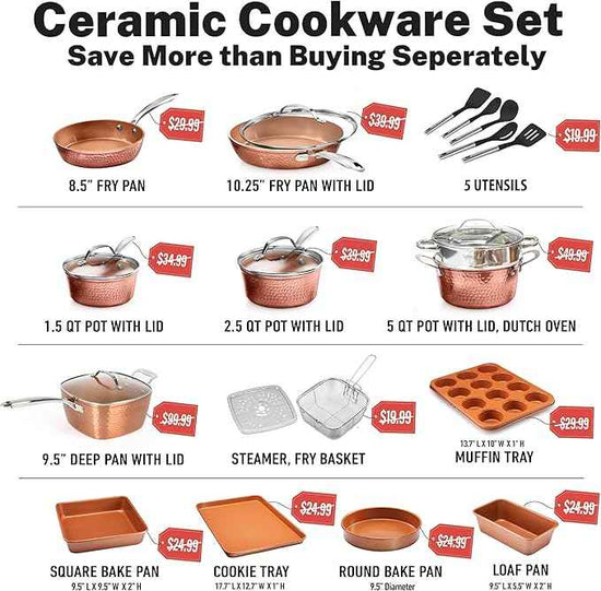Gotham Steel Hammered 24 Pc Ceramic Cookware Set Nonstick, Induction Ceramic Pots and Pans Set Non Stick with Deep Square Pan Set & Bakeware Set, Non Toxic PFOA PFOS Free, Oven & Dishwasher Safe