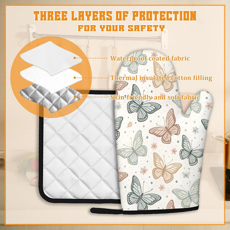 Butterfly Vintage Oven Mitts and Pot Holders Set,Boho Kitchen Decor Heat Resistant Non Slip Hot Pads and Oven Mitt for Chef Cooking Baking BBQ Mom Girl Gifts(4 Piece Set)