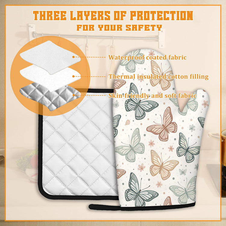 Butterfly Vintage Oven Mitts and Pot Holders Set (4 Count)