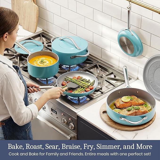 CookinCraze Ceramic Cookware Set, Pots and Pans Set Nonstick with Lid PFAS & PFOA Free, Induction Compatible Oven Safe Up to 500°F Even Heat Distribution, Turquoise
