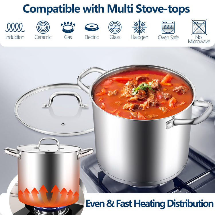 10 Quart Pot Stainless Steel Stock Cooking Pot with Glass Lid for Soup Canning Stewing Simmering