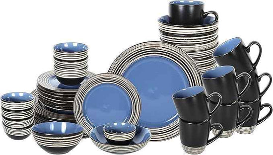 48 Piece Dinnerware Set, Ceramic Plates and Bowls Sets for 8, Microwave and Dishwasher Safe, Handcrafted Tree Bark Series Dish Set, Blue