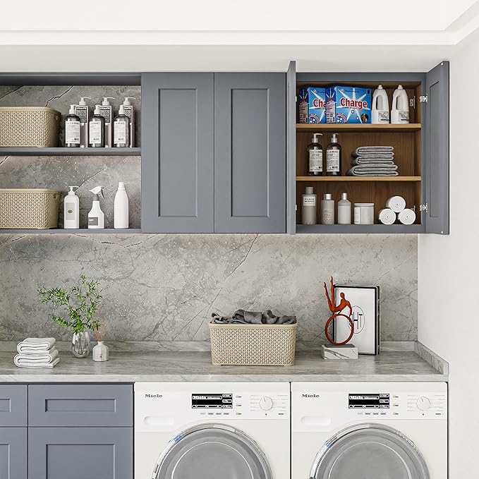 27 Inch Medicine Cabinet Wall Mounted, Solid Wood Over The Toilet Storage Cabinet, Bathroom Organizer Cabinets with 2 Door & Shelves, Easy to Assemble for Laundry Room, Kitchen, Garage - Dark Gray