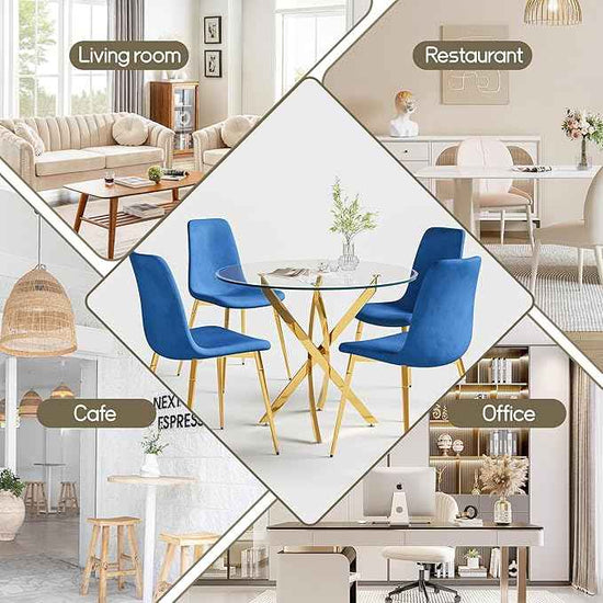 AF ARTISAN FURNITURE 36" Round Glass Dining Table Set for 4, 5-Piece Modern Kitchen Tables with 4 Blue Velvet Chairs, Modern Circle Leisure Table for Home Office Dining Room Small Spaces (Gold Leg)