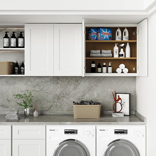 33 Inch Laundry Room Cabinets Wall Mounted, Solid Wood Over The Toilet Storage Cabinet, Bathroom Organizer Cabinets with 2 Shaker Door & Shelves, Easy to Assemble for Kitchen, Garage - White
