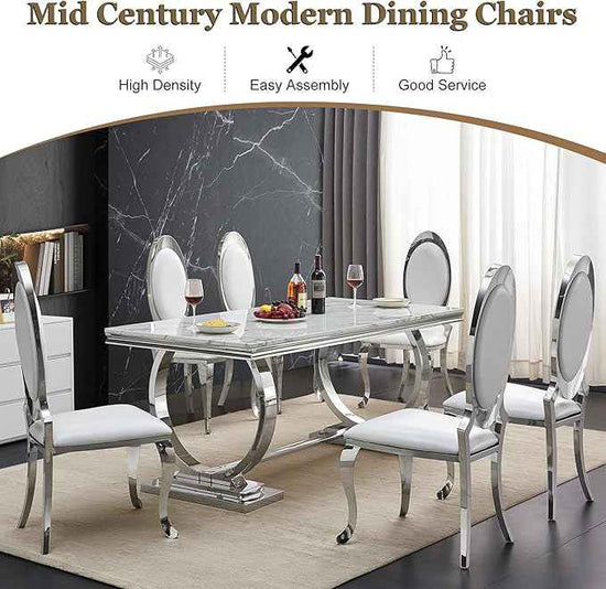 Modern Dining Chairs Set of 4, Luxury Faux Leather Upholstered Armless Dining Room Chair with Mirrored Stainless Steel Silver Legs, Mid Century Accent for Wedding Party Banquet Reception, White