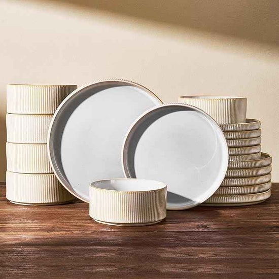 Stoneware Plates and Bowls Dishes Sets for 6 (18-Piece), Famiware Premium Handcrafted Reactive Glaze Dinnerware Set with Raised Rim, Scratch Resistant, Microwave Dishwasher Safe, Cappuccino White