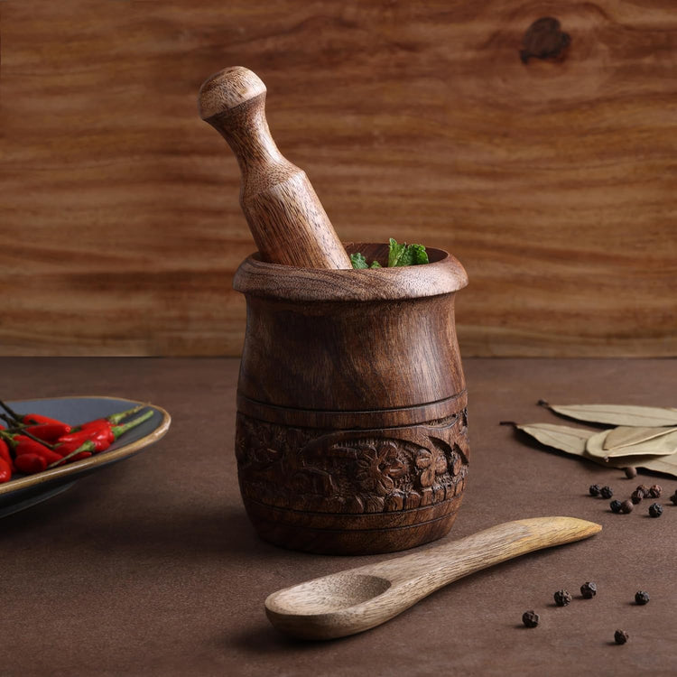 GoCraft Wooden Carved Mortar and Pestle | Grinder for Herbs, Spices and Kitchen Usage, Natural Mango Wood Engraved | Handmade Mortar and Pestle - 3.5 in