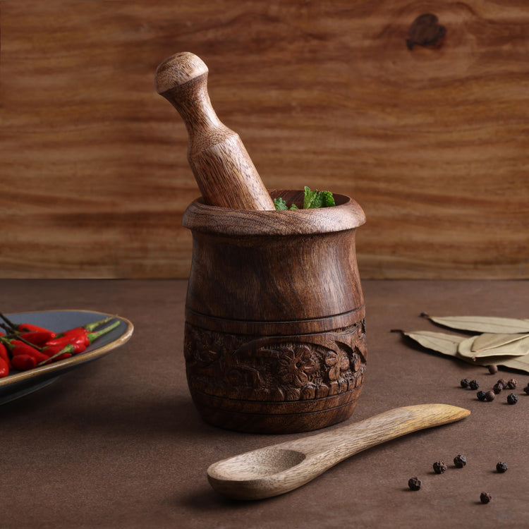 Wooden Carved Mortar and Pestle