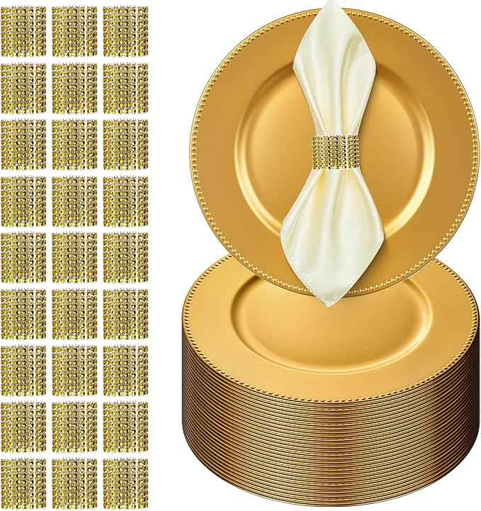 100 Pcs Gold Charger Plates with Napkin Rings Set Include 50 Gold Beaded Charger Plates 50 Napkin Rings, 13 Inch Plastic Round Chargers for Dinner, Wedding, Birthday, Party, Banquet, Table Setting