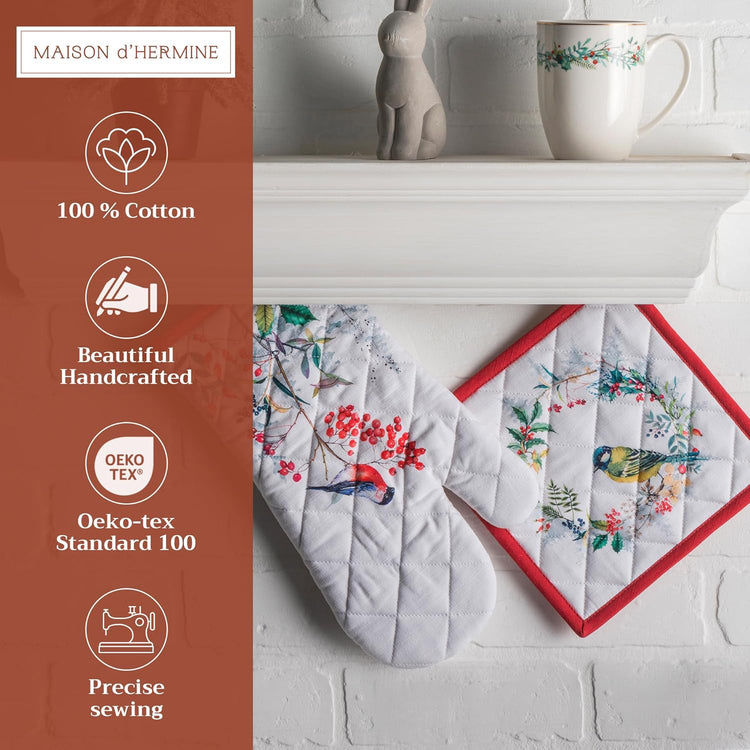 Maison d' Hermine 100% Cotton Oven Mitt & Pot Holder Set (7.5"x13" & 8"x8") Heat Resistant BBQ Cooking Gloves with Loop, Baking, Grilling, Kitchen, Handling Hot Pans (Morzine)