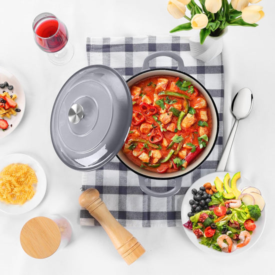 P&P CHEF 5QT Enameled Dutch Oven, Cast Iron Dutch Oven Pot with Lid for Bread Baking, Enameled Casserole Pot for Roasting Braising Stewing Frying Simmering, Various Stoves & Easy Clean, Grey - Nestoria